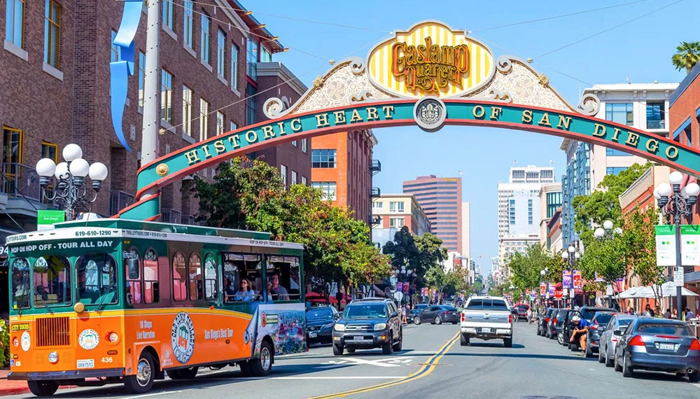 San Diego's Gaslamp Quarter with a trolly passing by